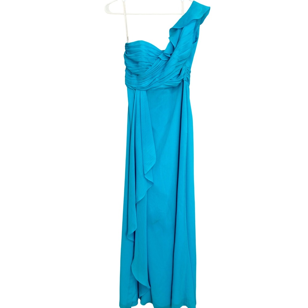 Davids Bridal Formal Gown Womens 6 Turquoise Blue One Shoulder Ruffle Chiffon